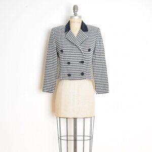 vintage 90s blazer black white diamond check cropped jacket top preppy S